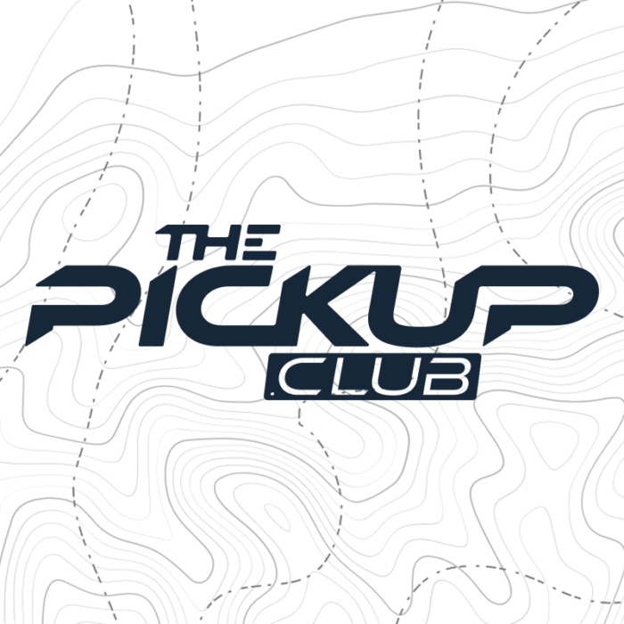 Logo of The Pickup Club, featuring stylized text on a topographic map background.