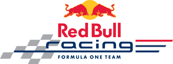 Red Bull Racing logo with red bulls and yellow background.