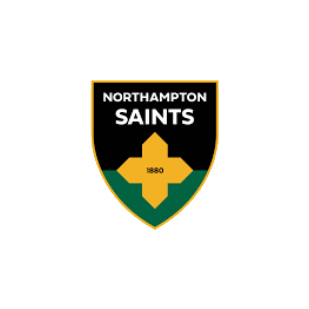 Northampton Saints logo featuring a shield with black, gold, and green colors, and the text 'Northampton Saints 1860'.