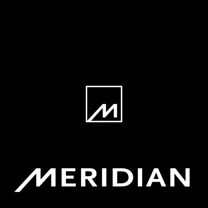 Black background with a white logo depicting a stylized letter "M" inside a square, and the word "MERIDIAN" written below in white uppercase letters.