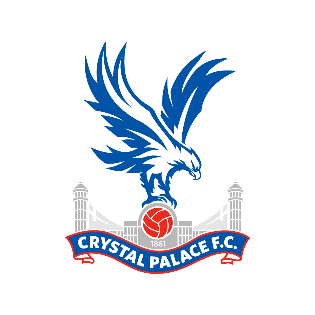 The logo of Crystal Palace F.C., a football club, features a blue eagle with its wings spread over a suspension bridge with a red football in the center. The words "CRYSTAL PALACE F.C." are written in white on a blue banner below the bridge, with the year 1861 beneath the football.