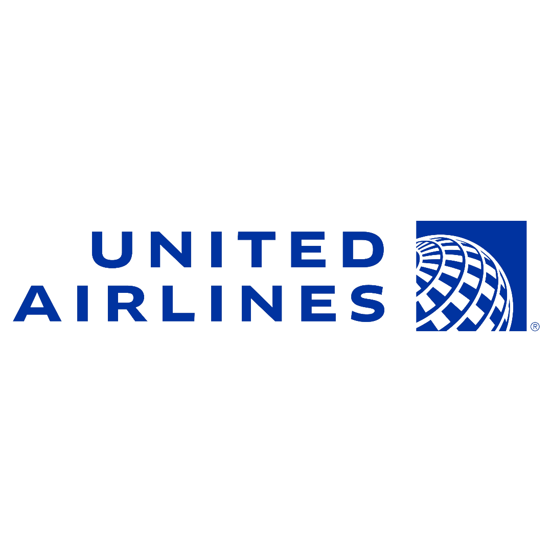 United Airlines logo with a blue globe icon on a black background.