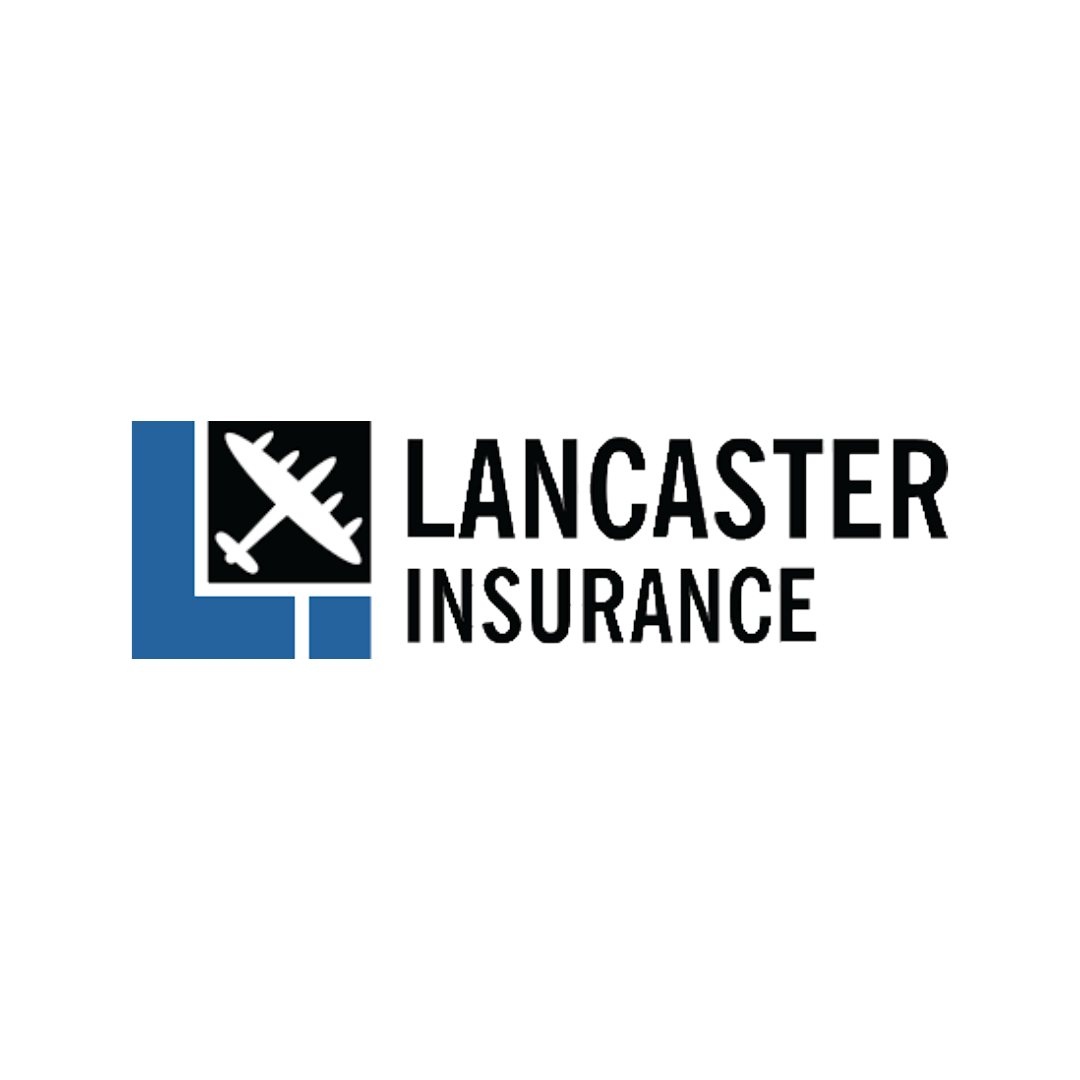 Lancaster Insurance logo with a stylized airplane icon and bold text.