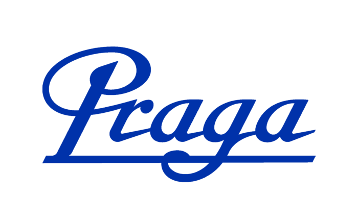 The logo of Praga in blue cursive font on a black background.