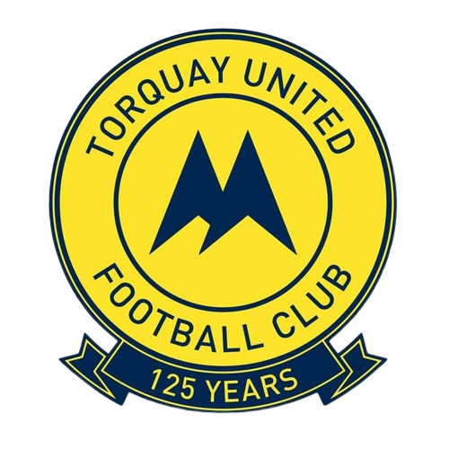 Torquay United Football Club emblem celebrating 125 years, with a yellow background, black text, and a stylized black 'M' in the center.