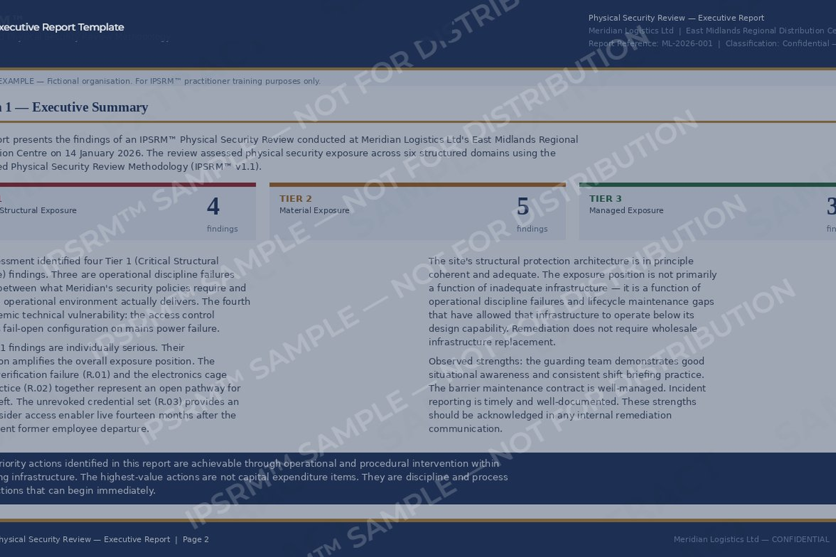 Executive security review report template with sections for structural, material, and managed exposure findings, dated January 14, 2016, with detailed analysis and summaries.