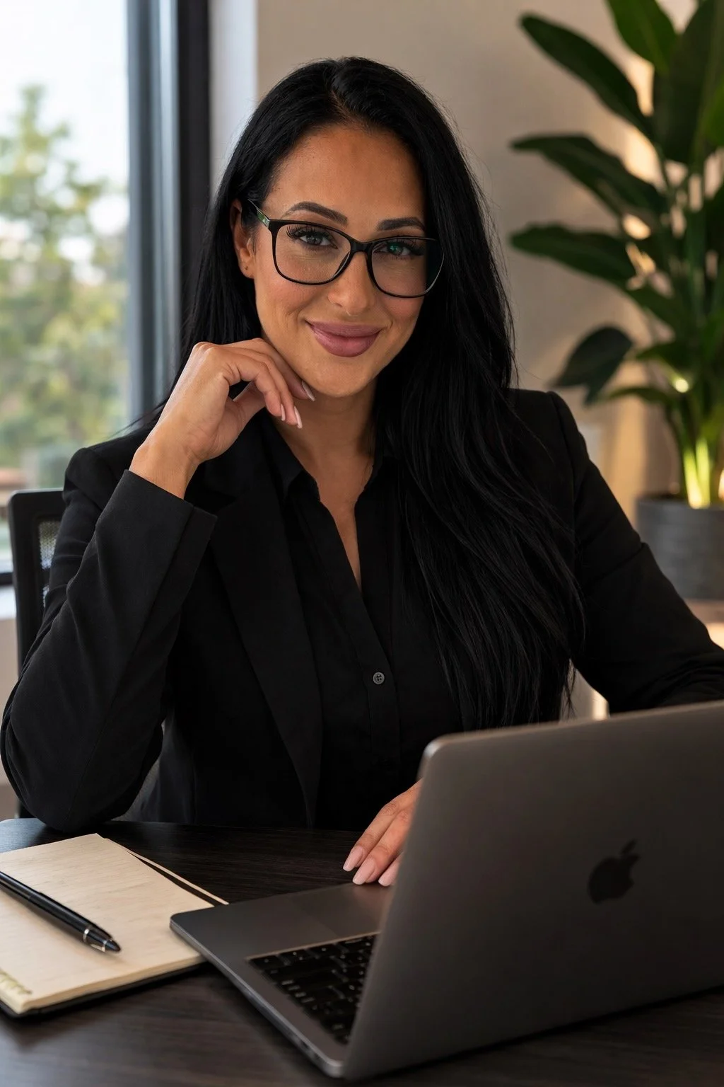 A woman with long black hair, glasses, and light lipstick sitting at a desk with a silver MacBook, notebook, and pen, smiling in an office with a large plant and window in the background.