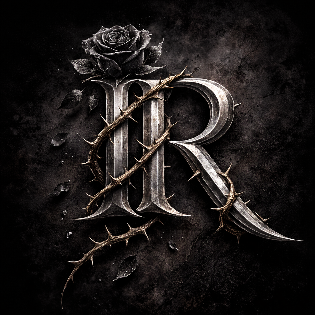 Metallic letter 'R' adorned with thorns, a black rose at the top, and water droplets on a dark background.
