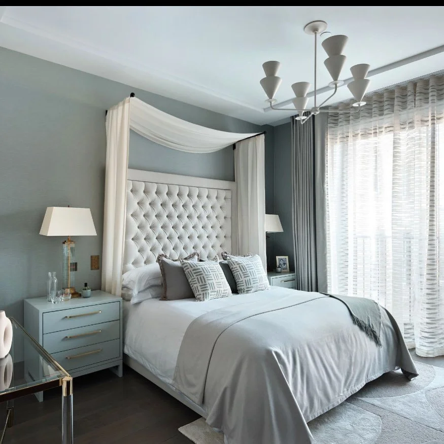 The Master Bedroom of the Apartment we completed at 1GVSQ. Whimsical bed drapery and a calming colour palette. I think it&rsquo;s important to ensure the Master Bedroom appeals to both men and women in development work, as couples have to both be abl