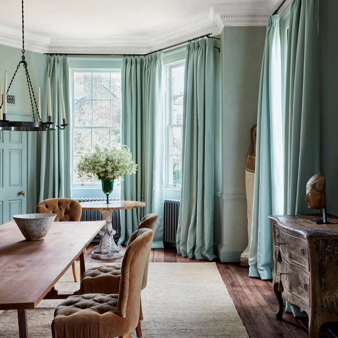 Continuing the pale celadon green and brown...an exquisite scheme by Rose Uniacke. The curtains set the tone for this scheme in a glazed linen from Rogers &amp; Goffigon. (Glazed linen...sooo chic). And the walls in colour to match. 
For me, Rose Uni