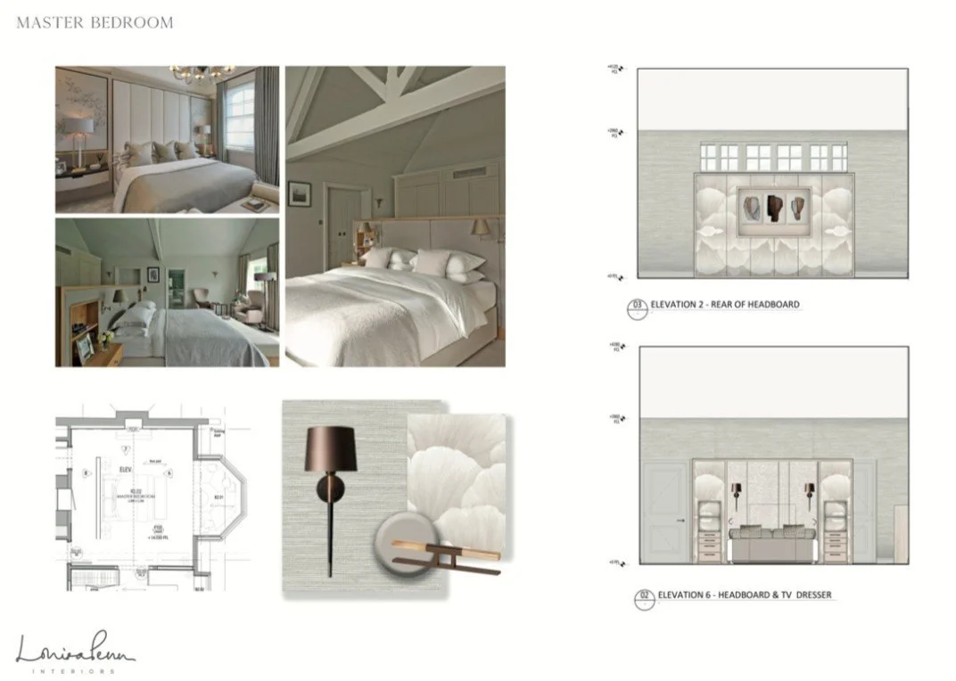 Freestanding (albeit fitted) custom headboard for the Master bedroom of our Surrey project, with built in bedside tables, wall lights and locally switched reading lights. The design has since changed slightly to include a space for a decorative conso