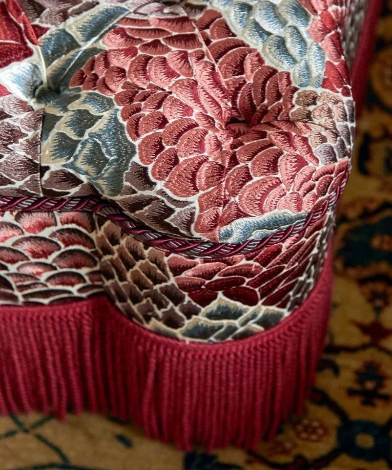 Possibly my favourite fabric&mdash;Le Rocher Broderie by @pierrefrey ✨

An 18th-century Indian Tree of Life motif, reimagined in an all-over pattern for a truly breathtaking effect 

Shown here on two ottomans we made in very different settings&mdash