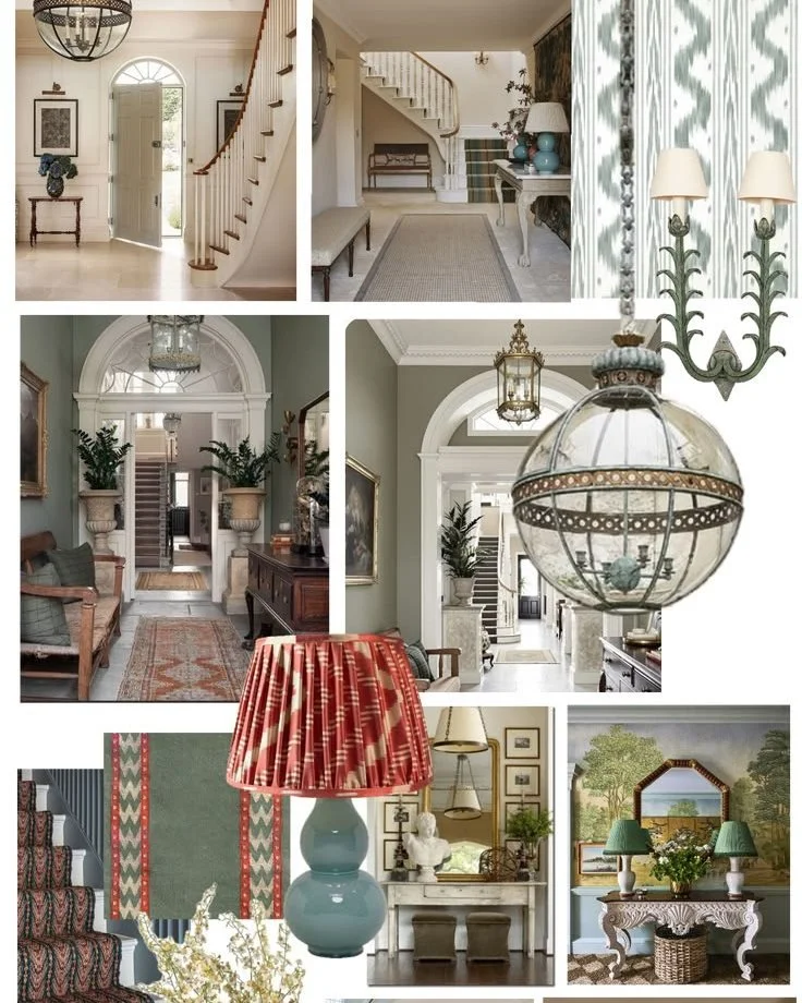 Another recent collage, this time for a grand entrance hall.

With a Victorian tiled floor and strong architectural features, the scheme leans into a sense of scale and presence &mdash; anchored by a large antique hall table with chunky lamps and sil
