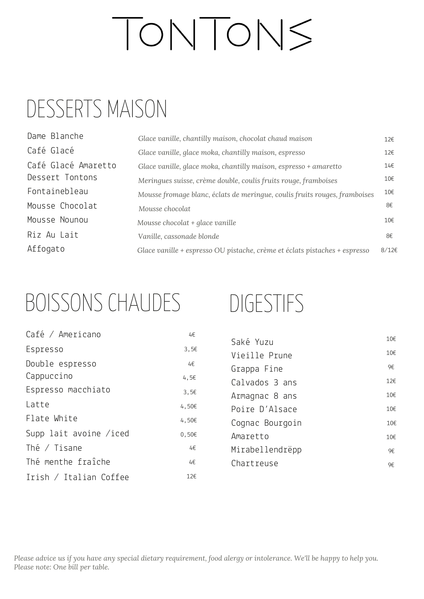 Carte Tontons — Desserts, boissons chaudes et digestifs