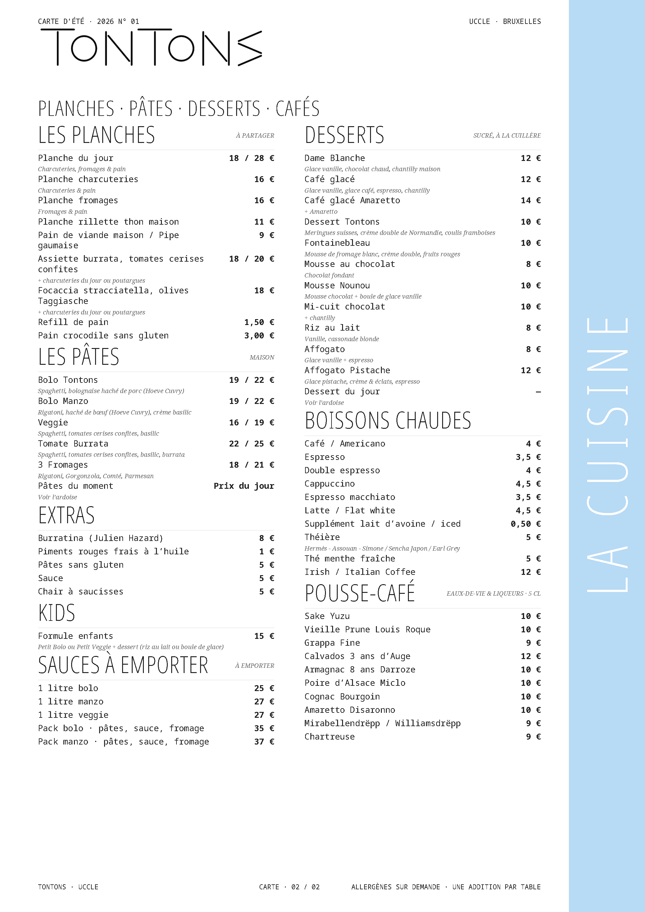 Carte Tontons été 2026 — La Cuisine