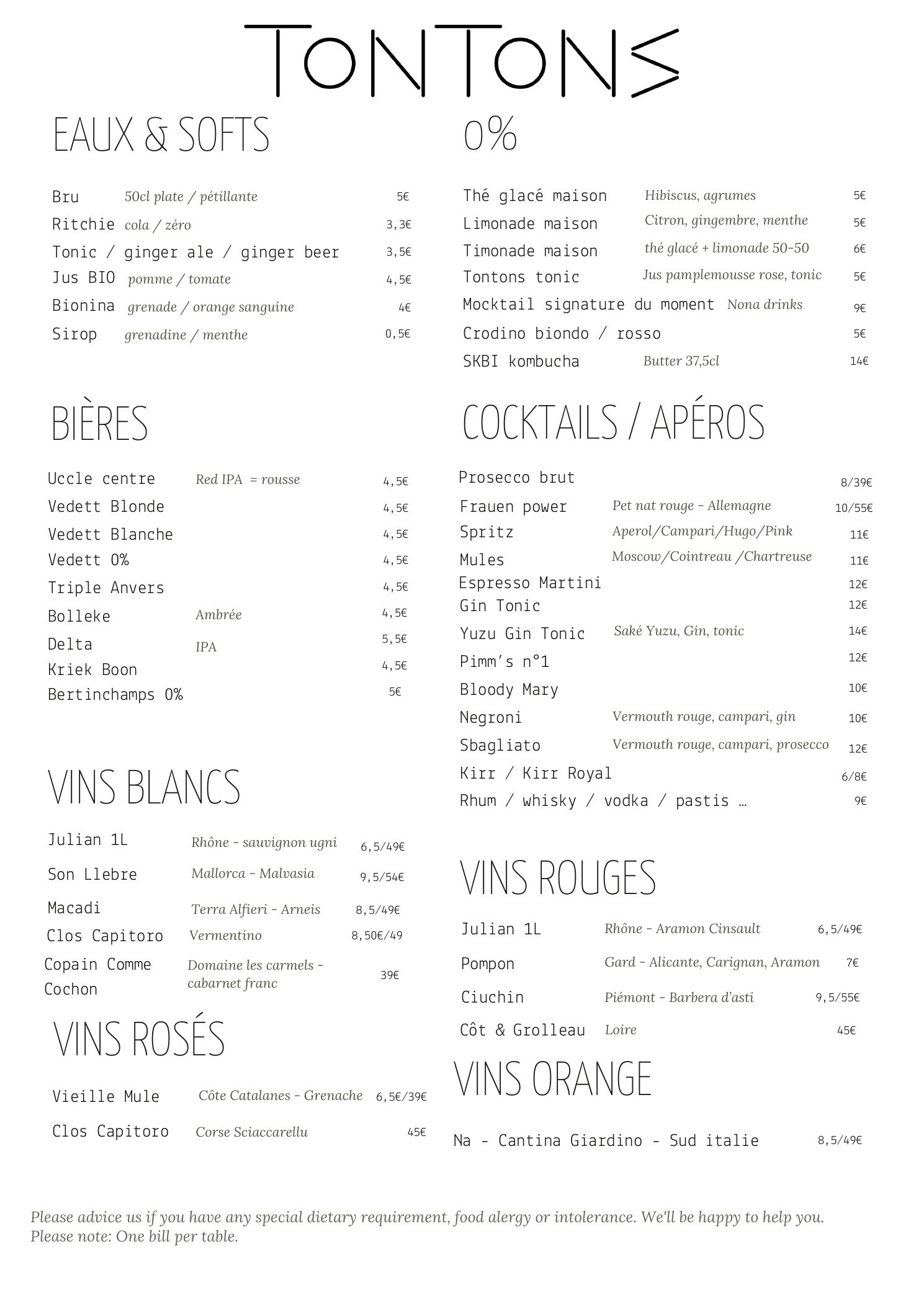Carte Tontons — Boissons, bières, cocktails et vins