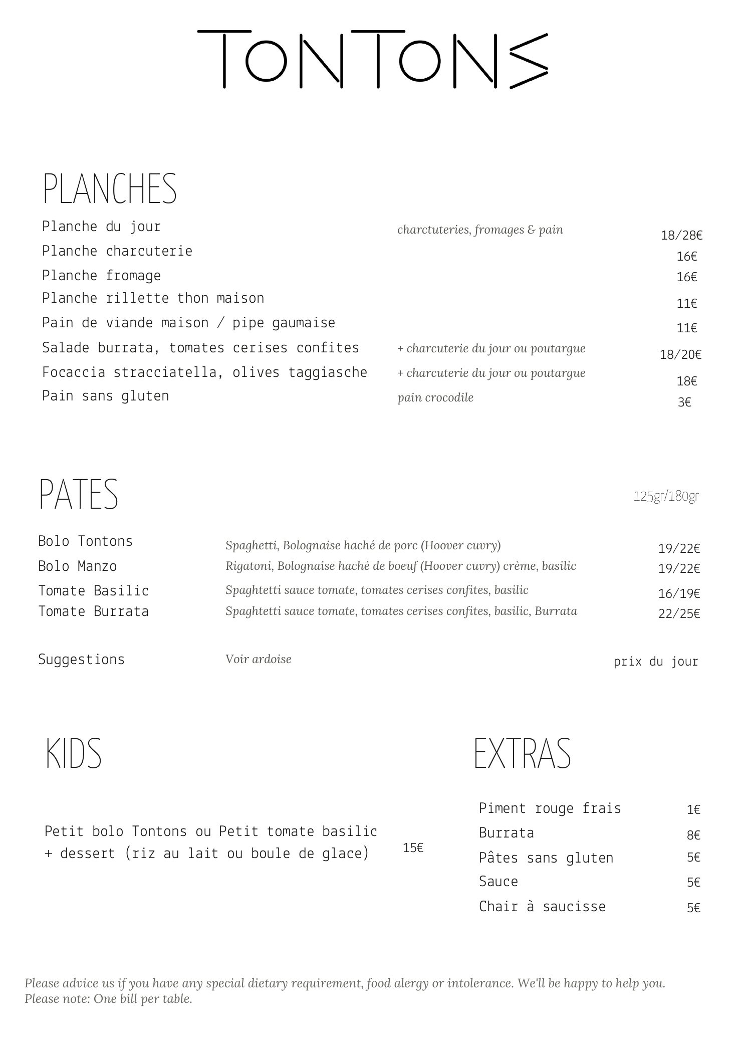 Carte Tontons — Planches, pâtes, kids et extras