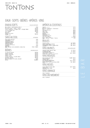 Carte Tontons été 2026 — Le Bar