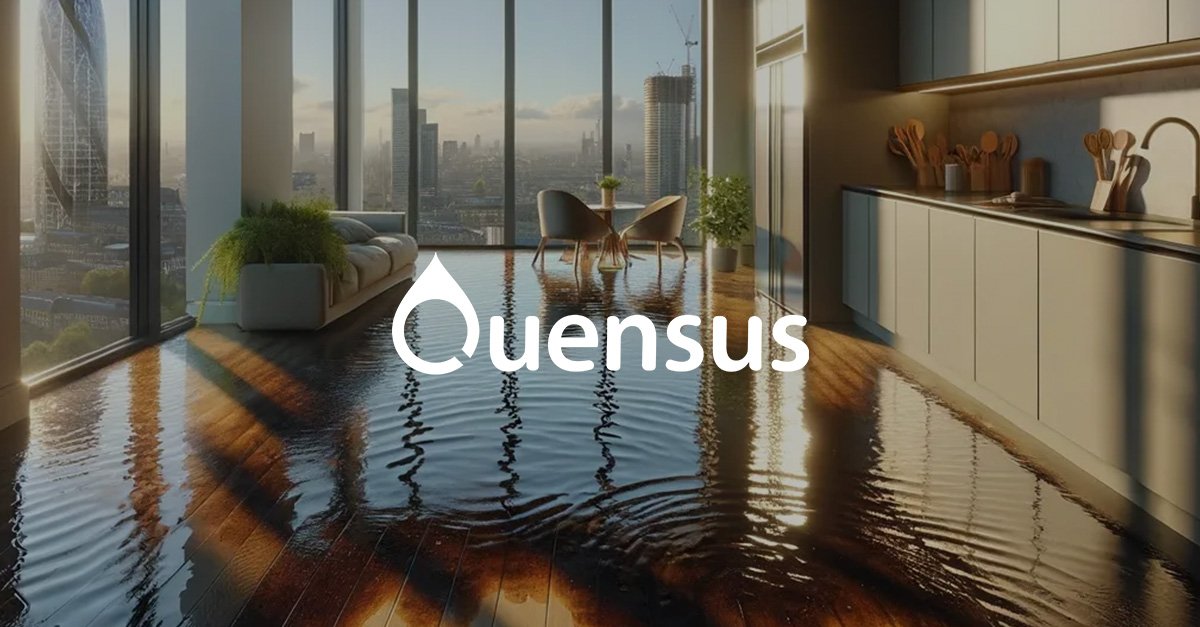 A modern high-rise apartment with flooded hardwood floors, large windows showing city views, a white sofa, a round dining table with four chairs, and a modern kitchen with utensils and greenery.