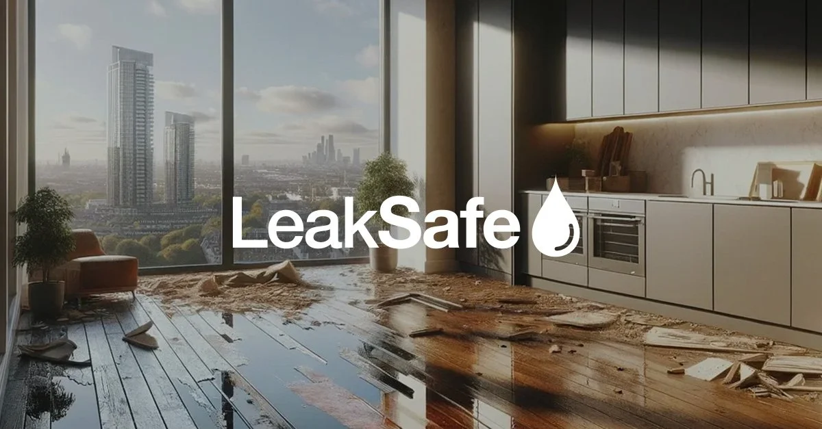 A flooded living room with water covering the wooden floor, furniture knocked over, and part of the kitchen visible. City skyline seen through large windows. Logo for LeakSafe with a water droplet icon.