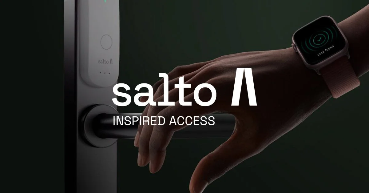 A person using a smartwatch with a green screen displaying a lock icon and the words 'Lock found', while unlocking a smart lock with a keyless entry system on a door.