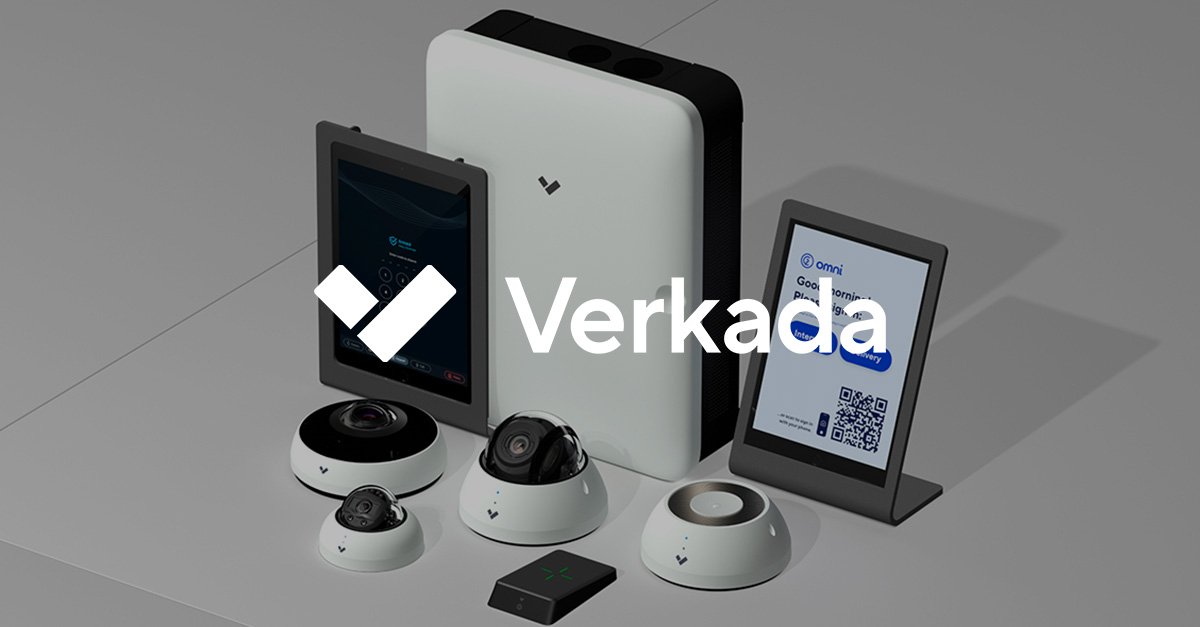 Collection of security and monitoring devices, including cameras, screens, a large white device, and a QR code display, with Verkada logo overlay.