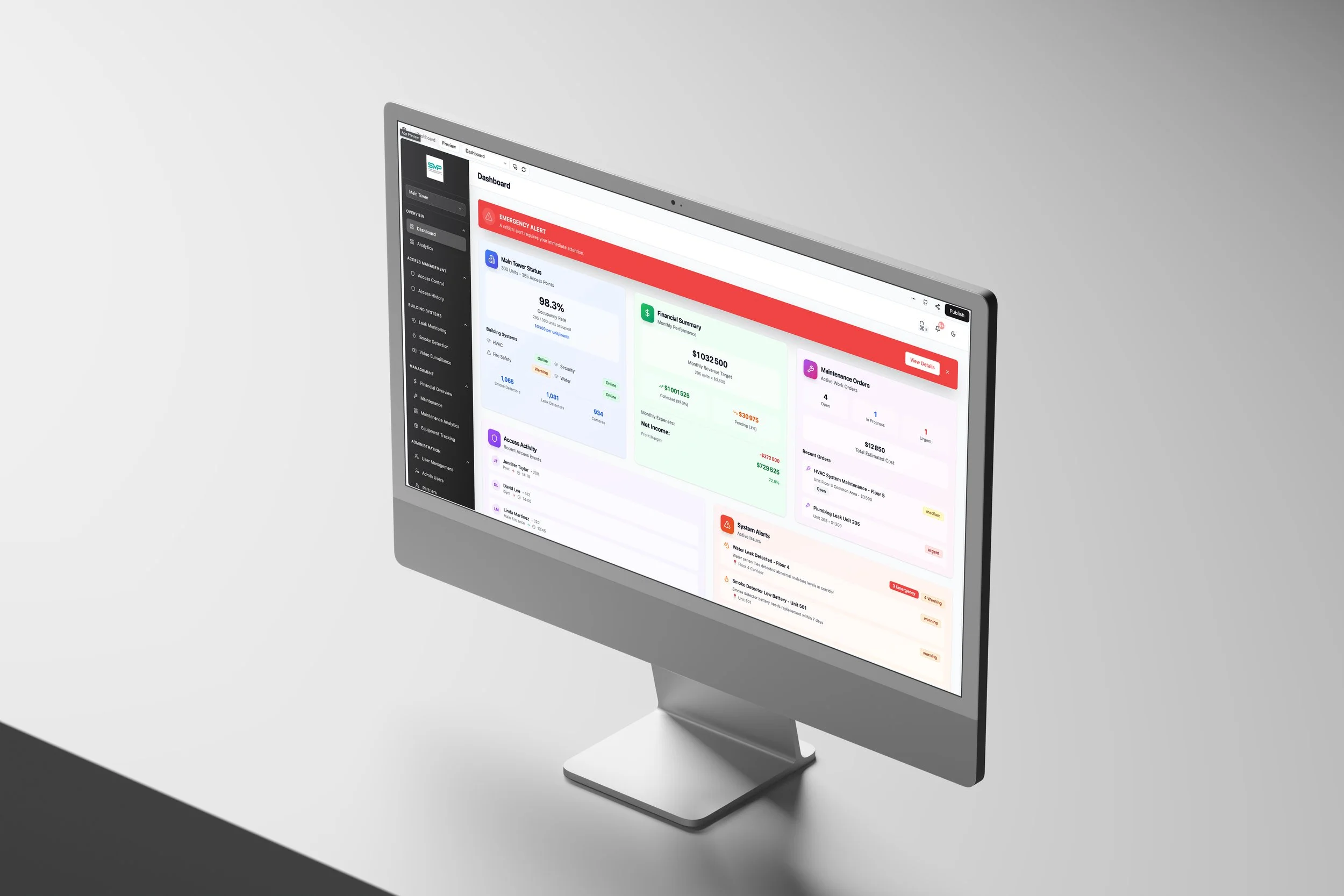 Computer monitor displaying a dashboard with various data metrics, alerts, and system status information.