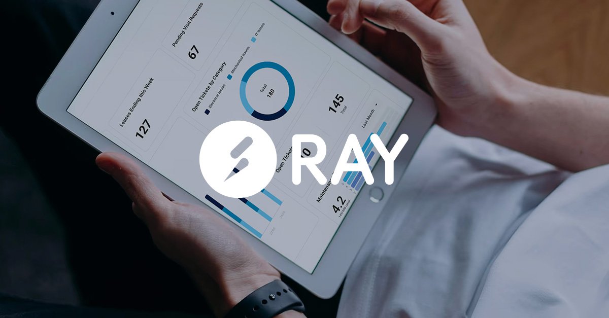 Person holding a tablet displaying a dashboard with visit requests, ticket categories, and statistics, with the RDFY logo overlayed.