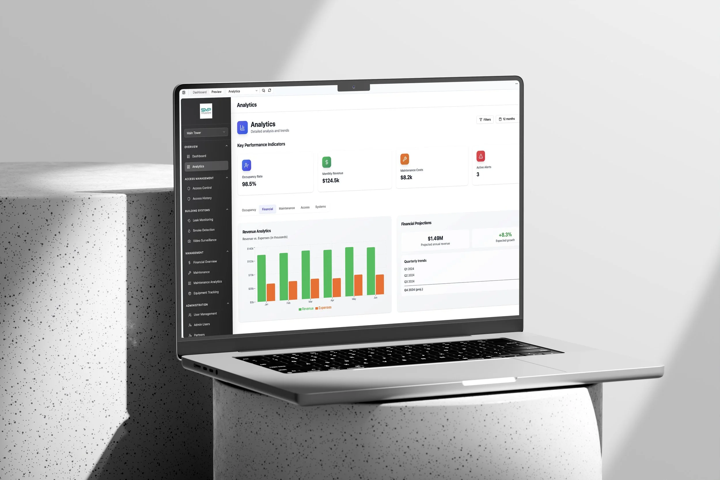 A laptop on a white speckled pedestal displays a business analytics dashboard with graphs, charts, and key performance indicators from Smart Management Properties UAE all-in-one platform.