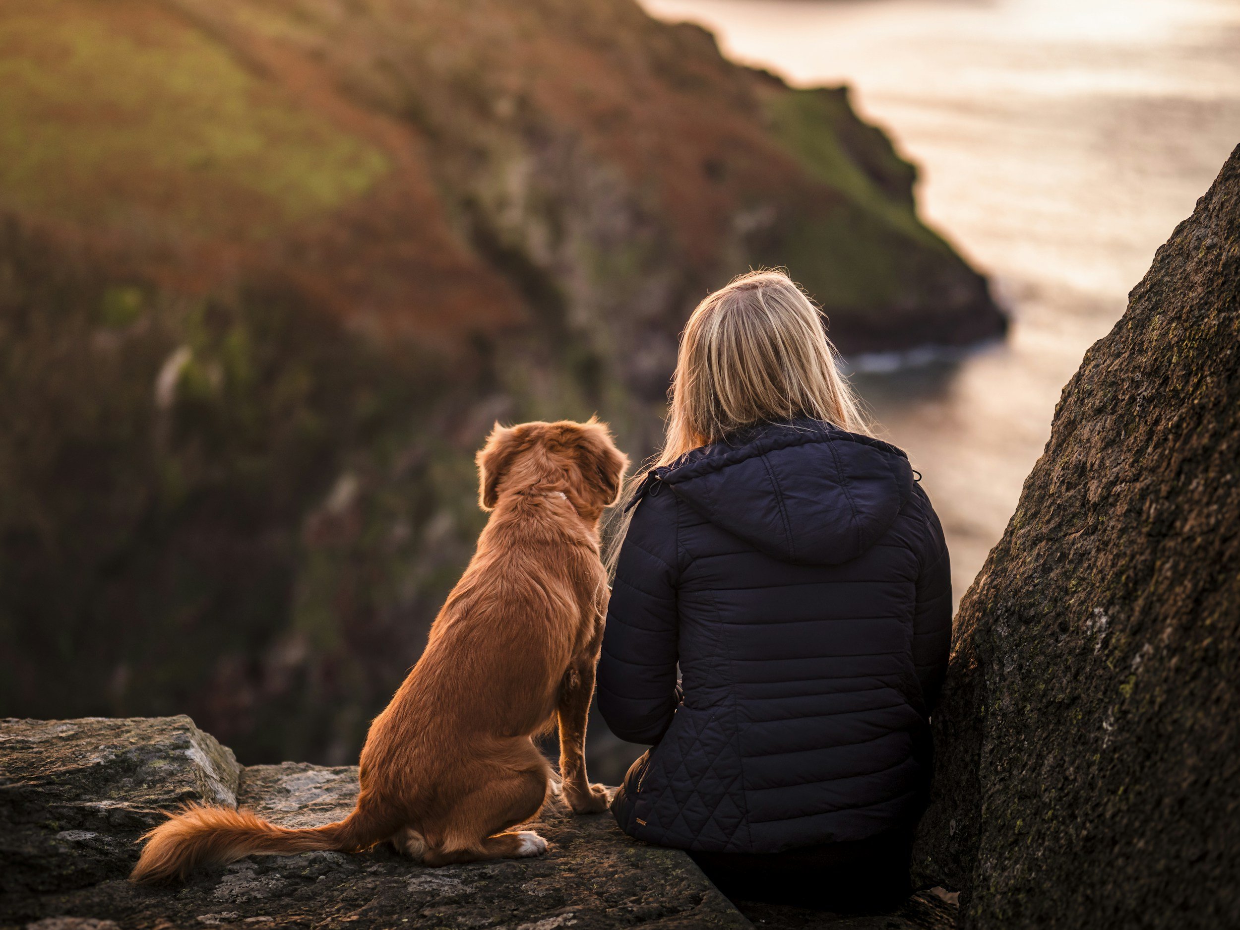 Una donna con un cane seduti su una roccia vicino all'oceano al tramonto, con scogli e colline sullo sfondo.