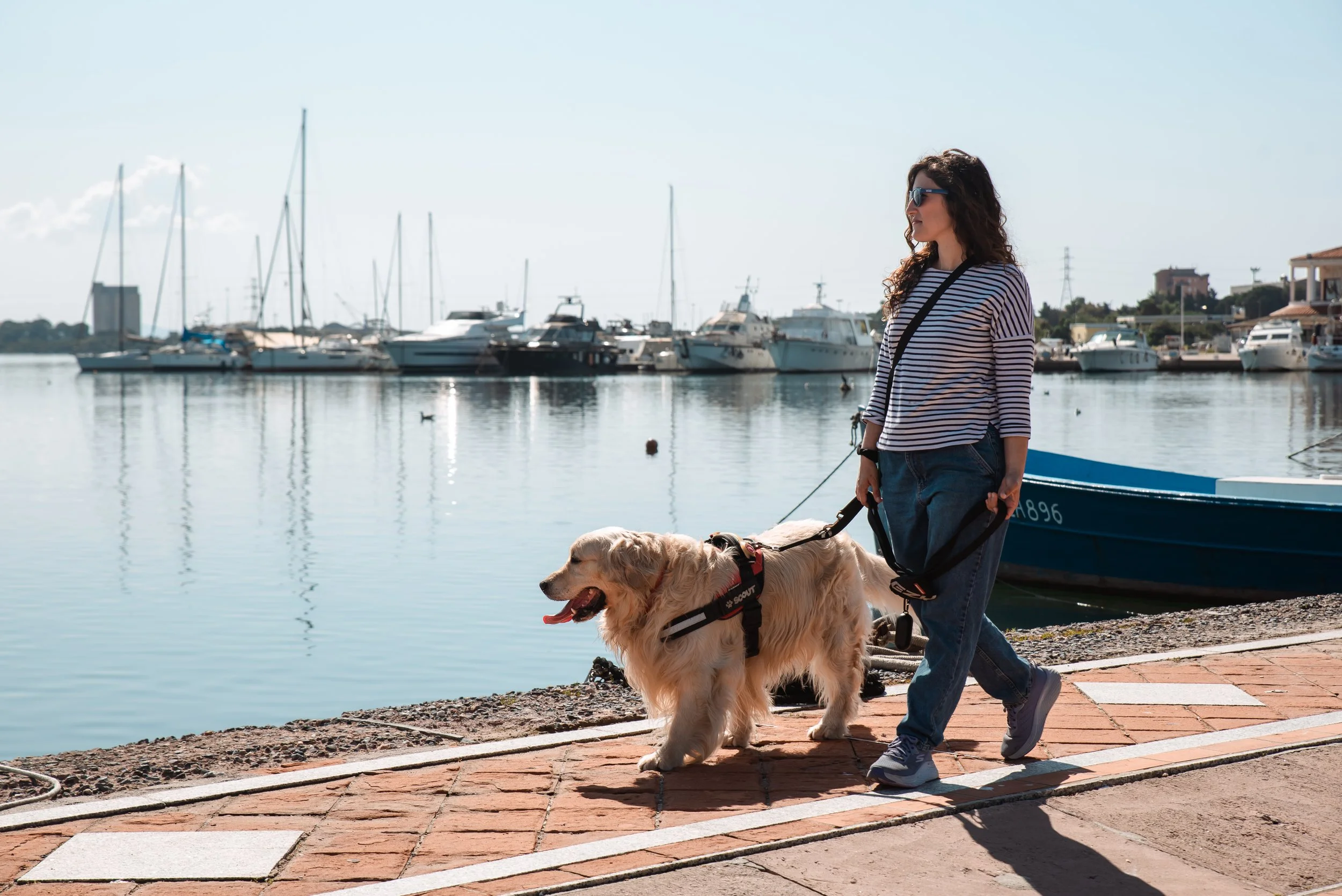 Donna che cammina lungo il molo con il suo cane golden retriever vicino al porto con barche a vela e motoscafi