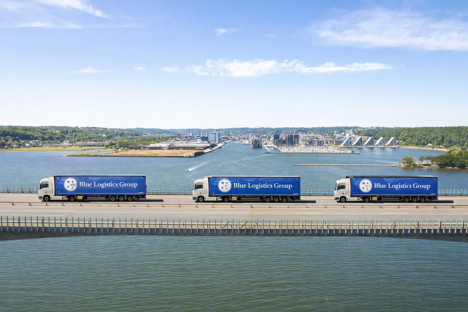 Three blue trucks labeled "Blue Logistics Group" traveling on a bridge over water, with a cityscape and a body of water in the background under a partly cloudy sky.