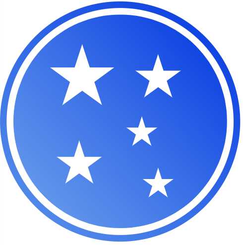 Blue circle badge with five white stars arranged in a pattern.