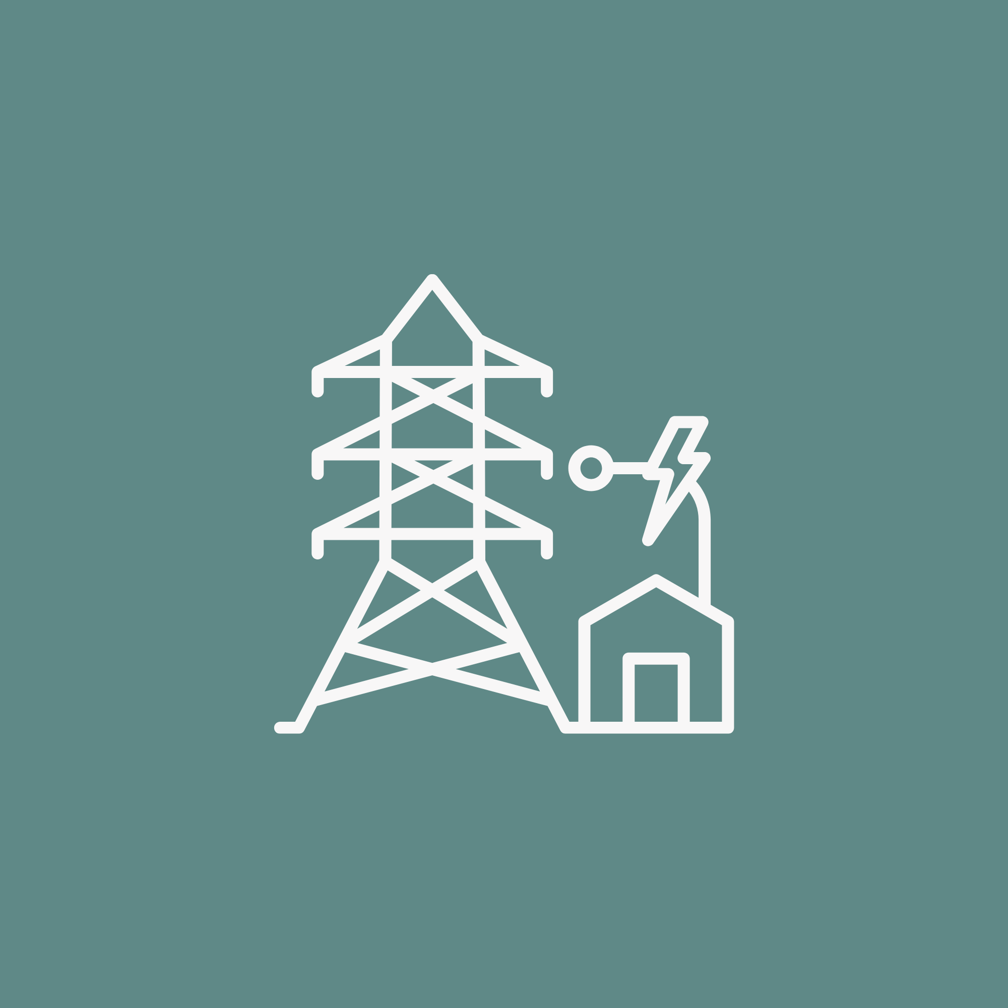 Symbol für Elektrizität mit Hochspannungsmast, Haus, Leiter, und Blitz.
