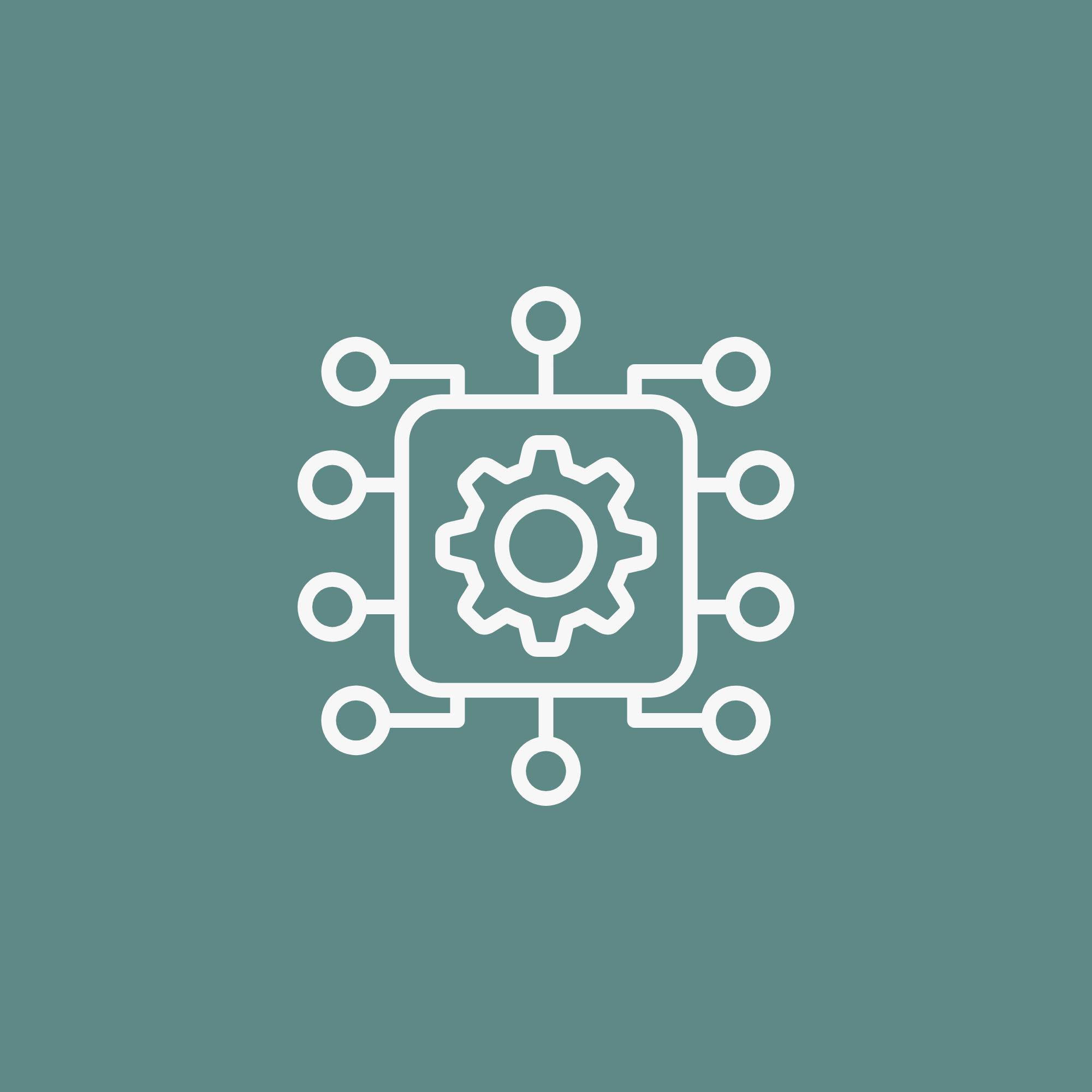 Symbol für Technologie oder maschinelles Lernen, besteht aus einem Zahnrad in der Mitte, umgeben von Verbindungslinien mit Kreisen am Ende.