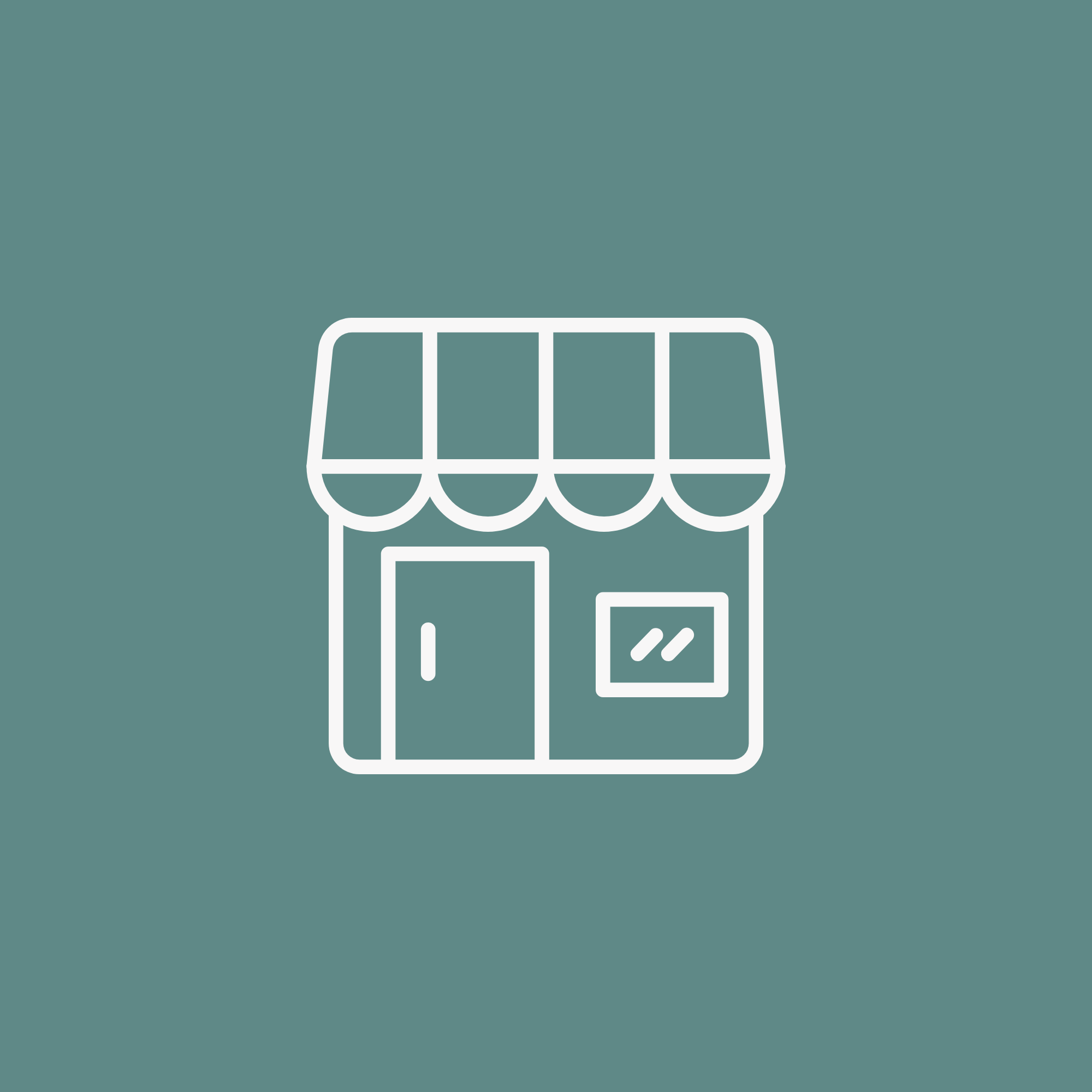 Symbol eines kleinen Geschäfts oder Shops mit Tür, Fenster und schrägem Dachüberhang auf grünem Hintergrund.