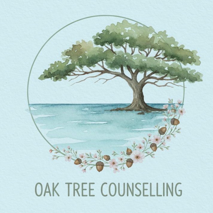 The logo for Oak Tree Counselling - an oak tree spreading it's branches over the sea.