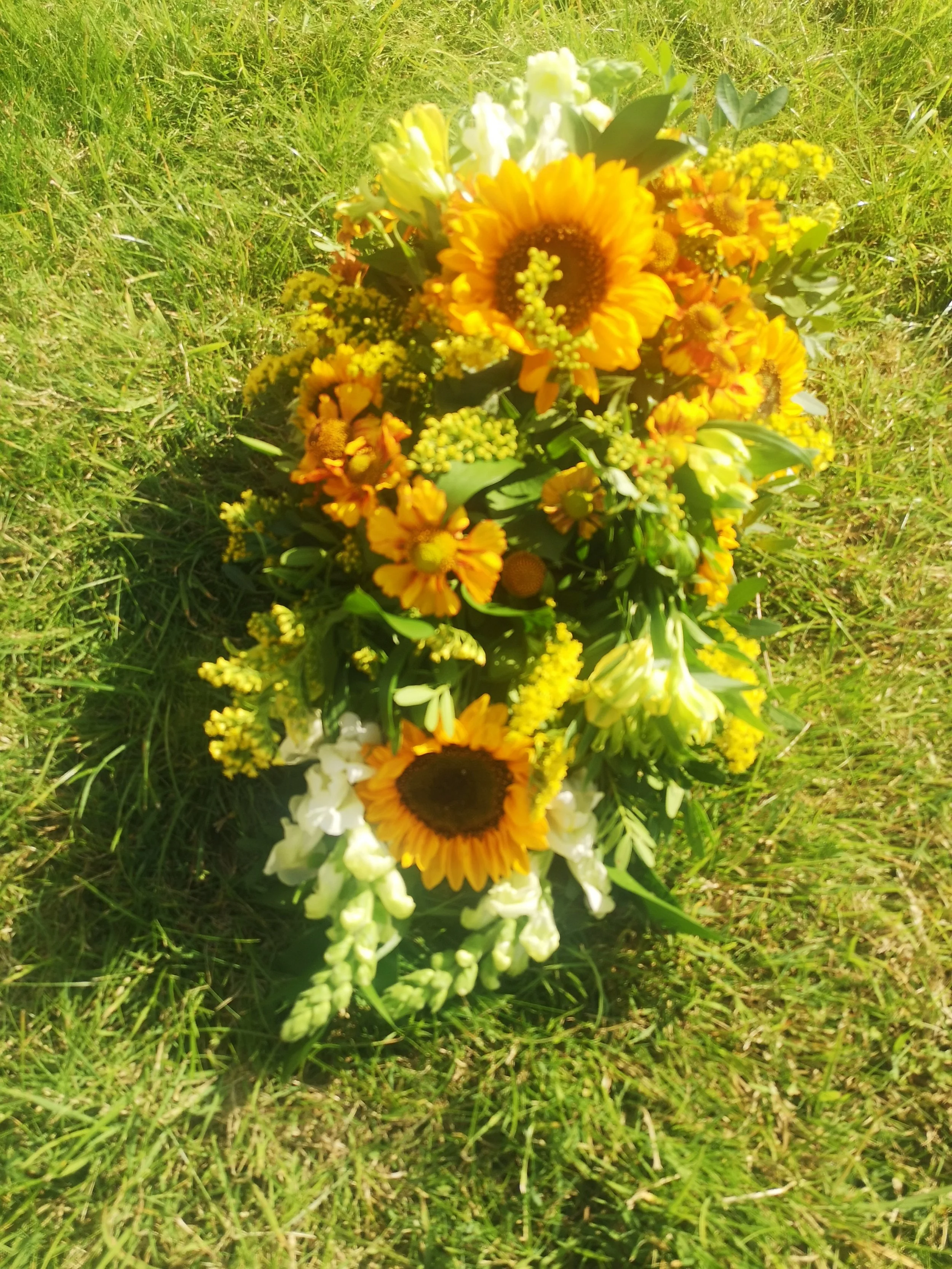 A sunflower bouquet lies on green grass in bright sunshine