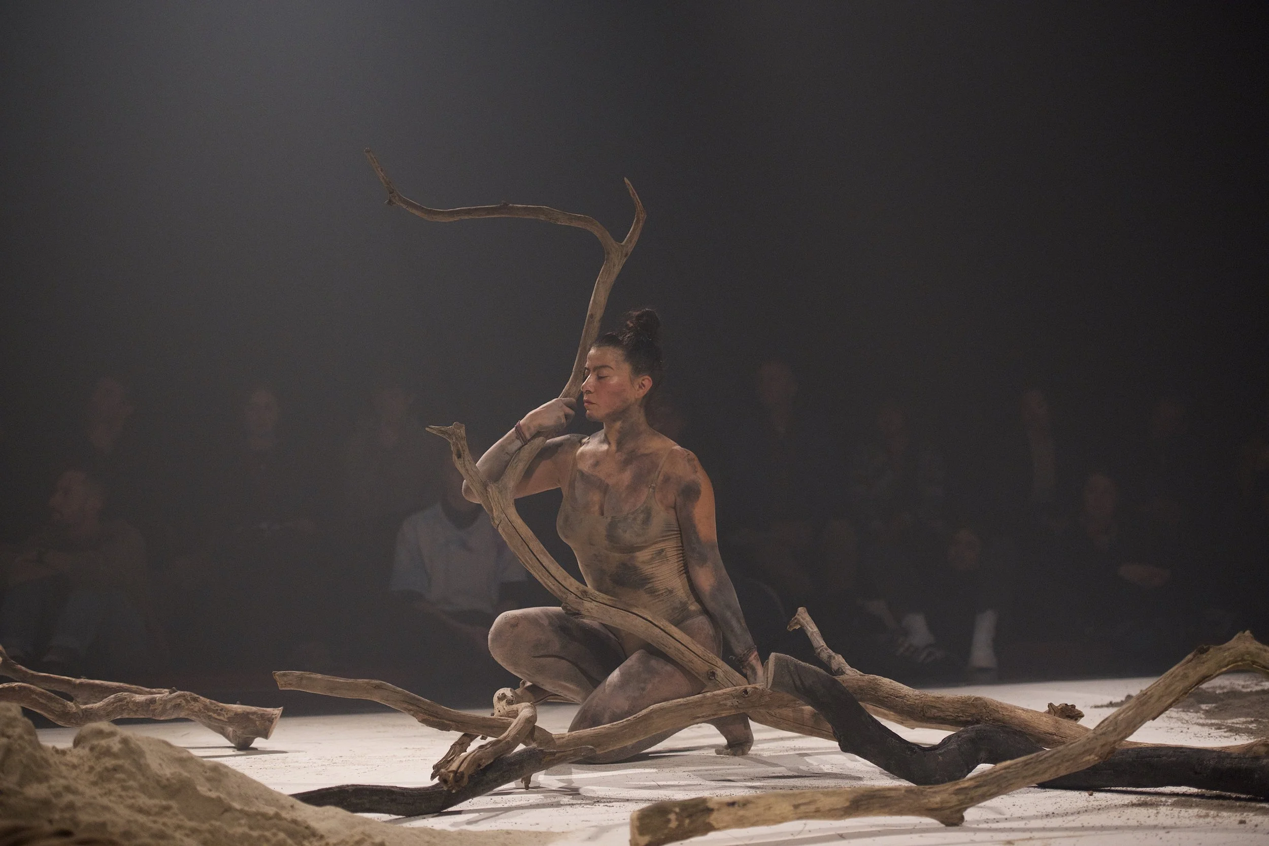 A woman performing in a dance or theatrical production, kneeling amidst several large branches and sand on a stage, with a dark background and an audience watching.