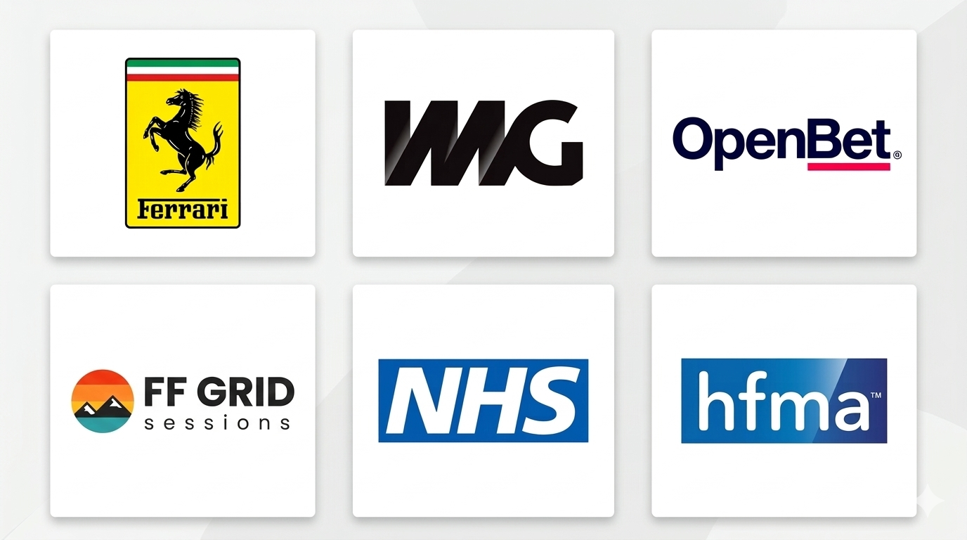 Six logos arranged in a grid: Ferrari, IWG, OpenBet, FF Grid Sessions, NHS, and HFMA.