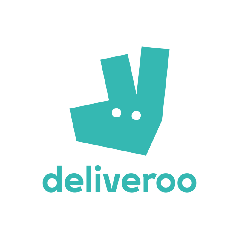 Deliveroo logo featuring a teal line art illustration of a kangaroo with a simplified face, accompanied by the word 'deliveroo' in lowercase teal font.