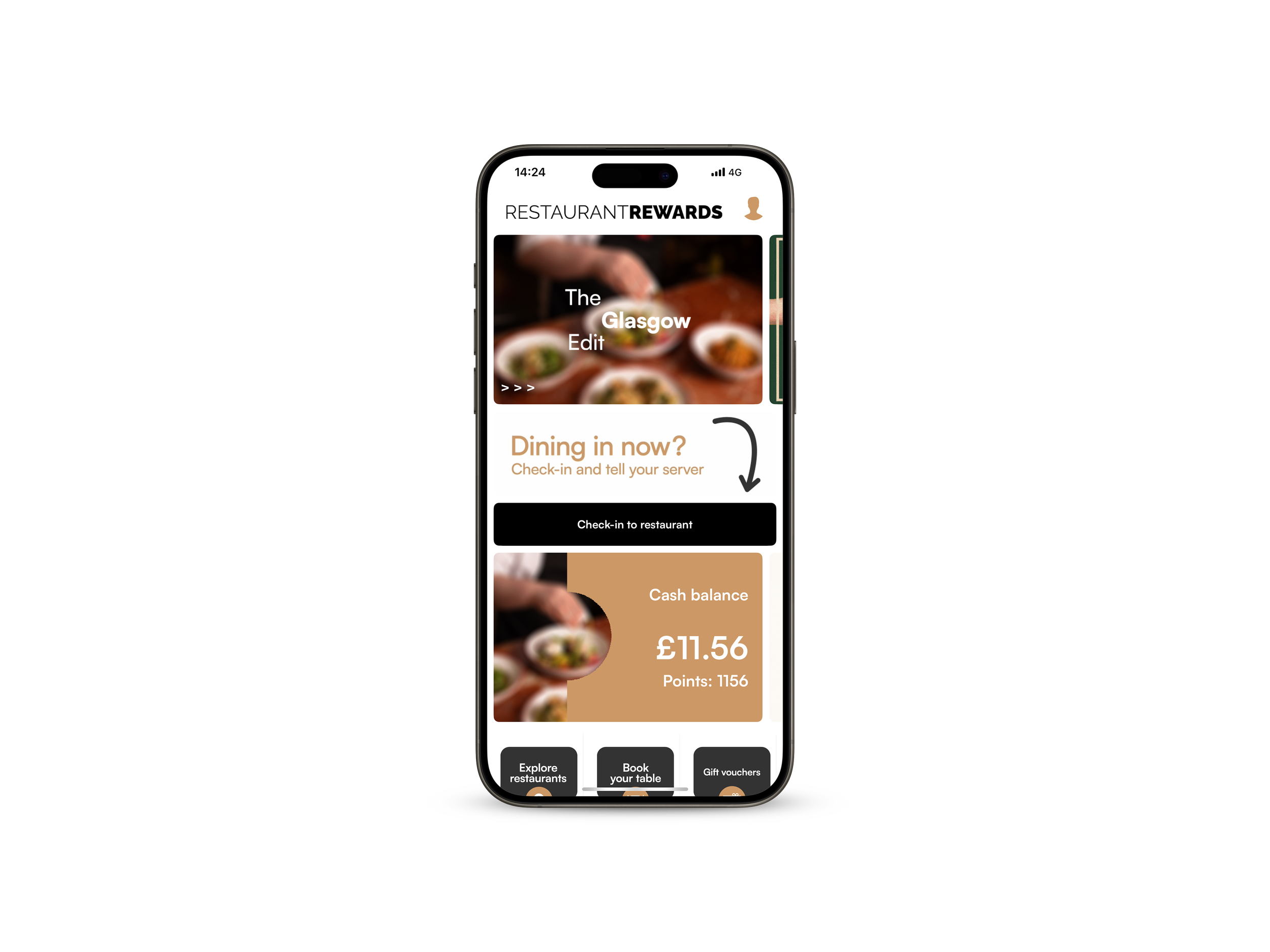 Smartphone displaying a restaurant rewards app, with options for exploring restaurants, booking tables, and gift vouchers, showing a balance of £11.56 and points 1156.