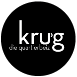 Schwarzes Logo mit weißem Text 'krug' und kleinerem Text 'die quartierbezirk' darunter