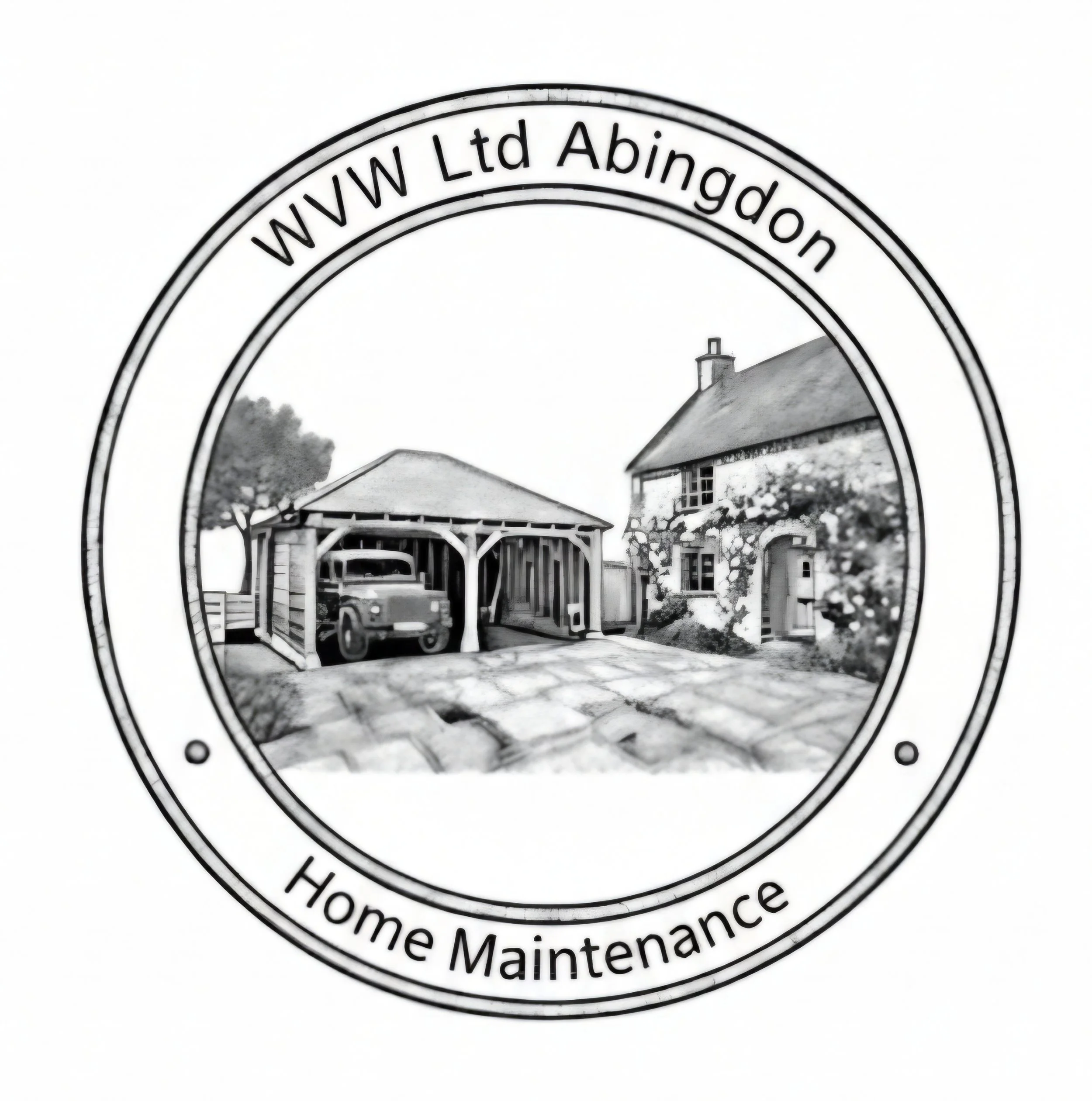 Logo of W.W. Ltd Abingdon, Home Maintenance, featuring a black and white illustration of a house with a chimney, a garage with a vintage truck, and a tree.