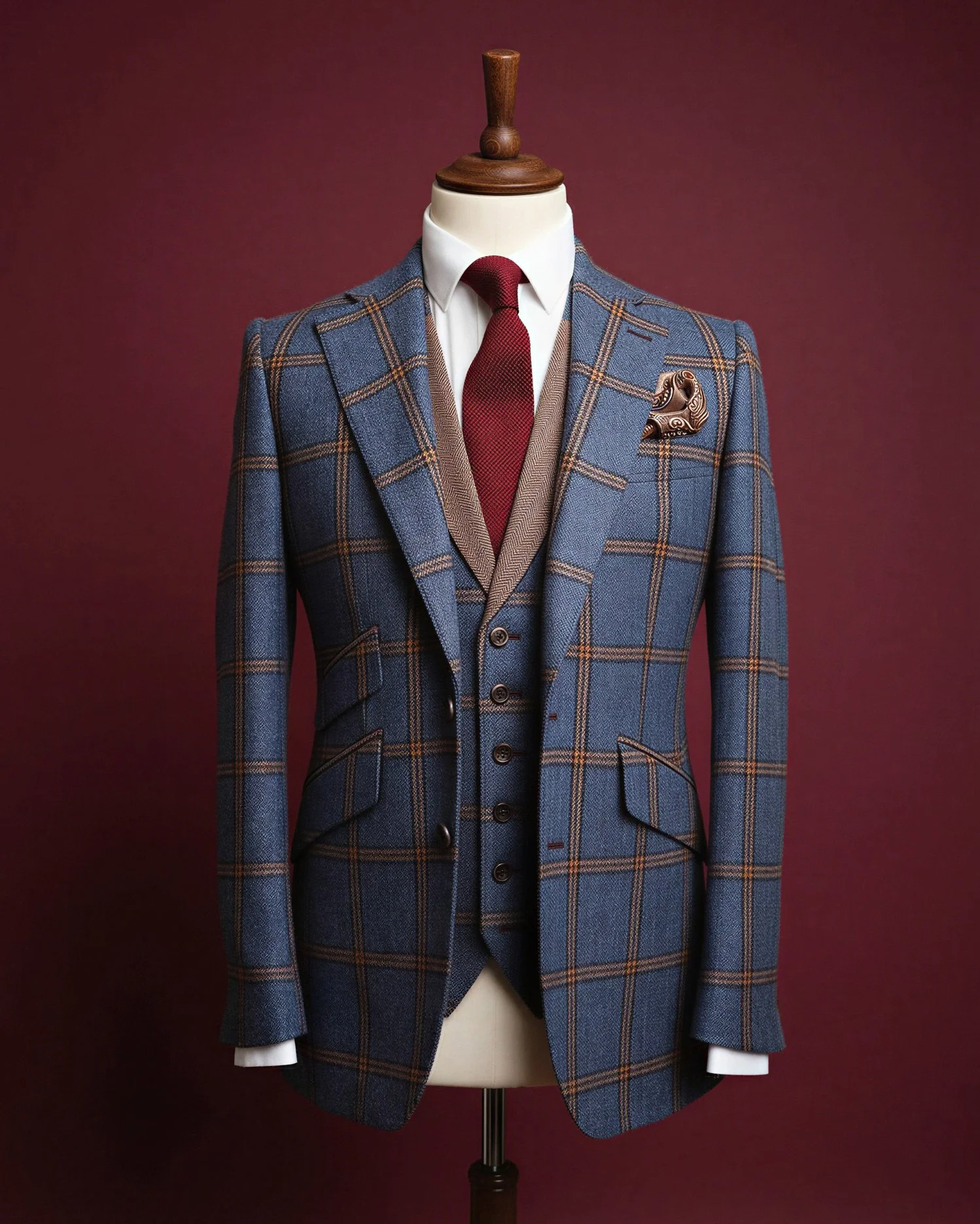 A mannequin dressed in a blue plaid blazer with brown and orange lines, a white shirt, a burgundy tie, a beige vest, and a brown pocket square, set against a maroon background.