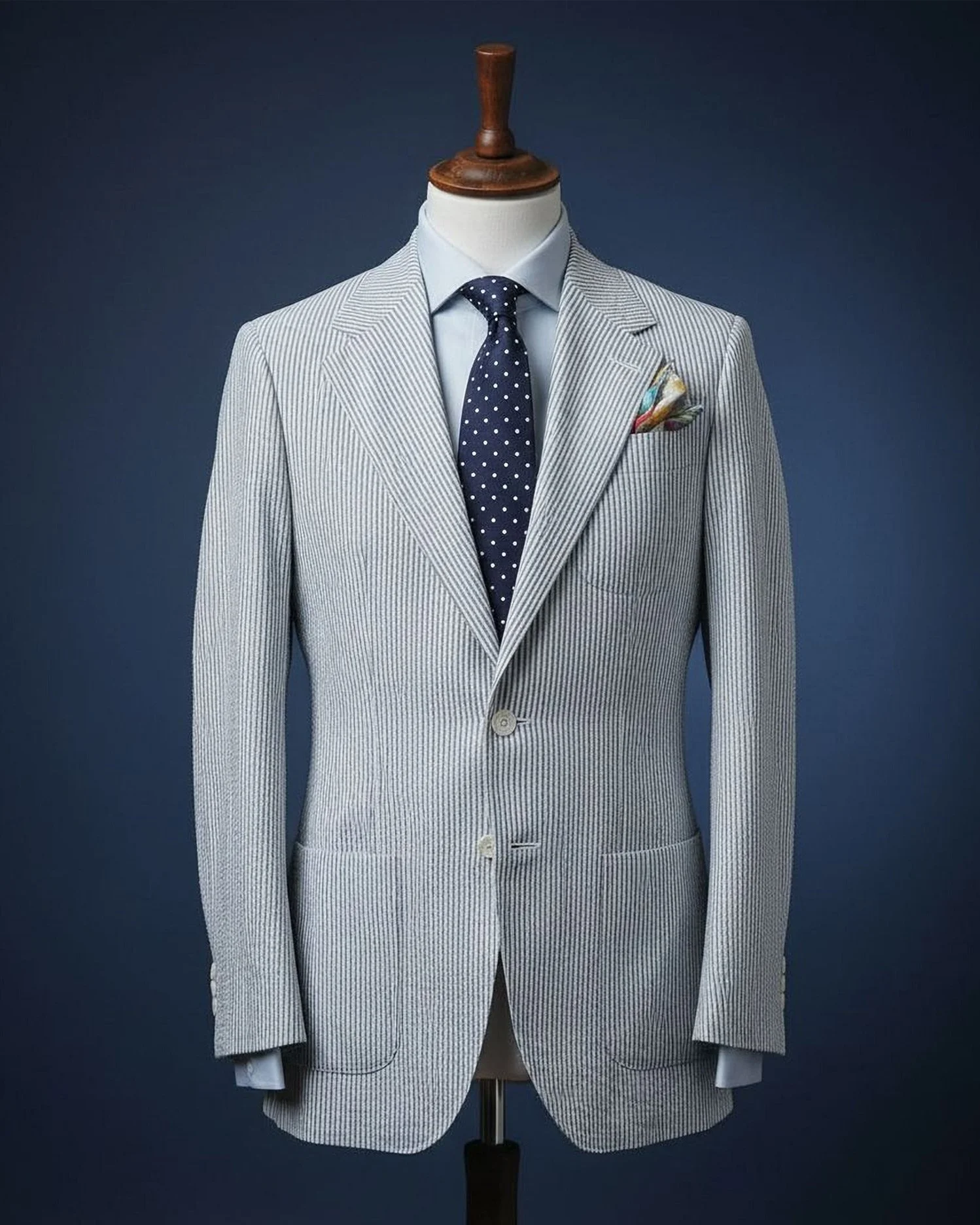 A men's suit display on a mannequin featuring a light-colored, striped blazer, a light blue dress shirt, a navy blue tie with white polka dots, and a colorful pocket square, set against a dark solid background.
