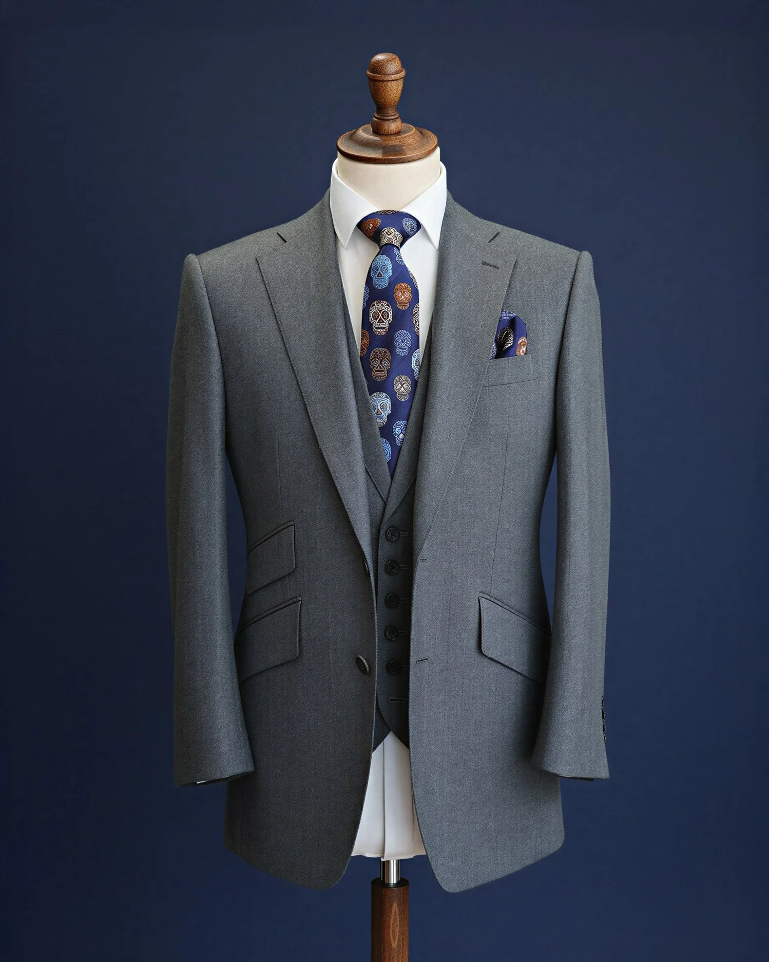 Gray suit on a mannequin, white shirt, patterned tie, pocket square, against a solid dark background.