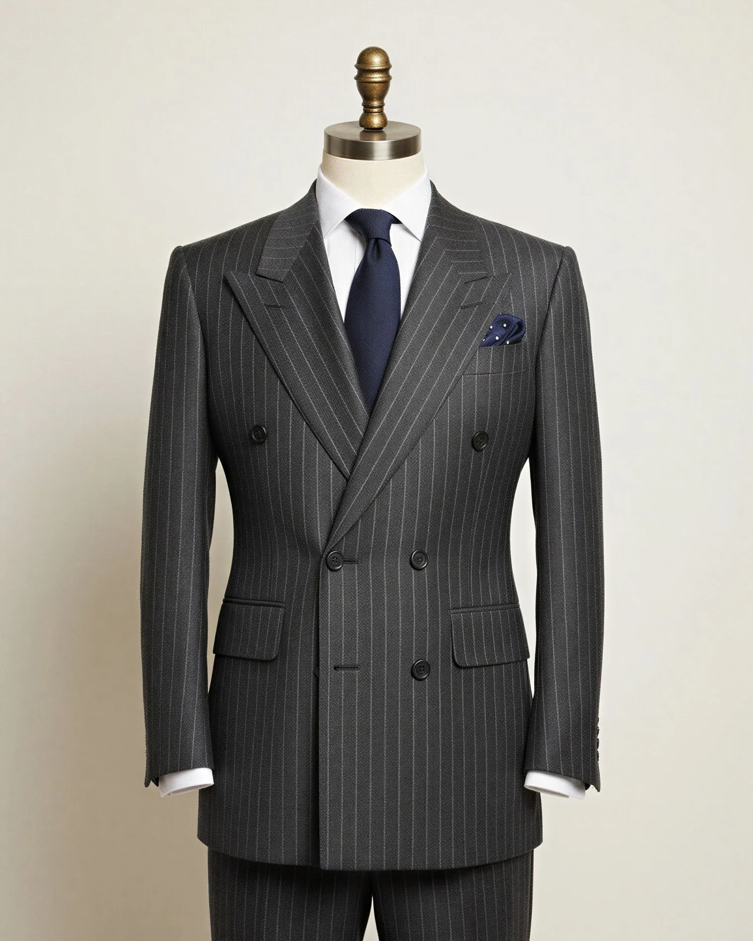 Gray pinstripe double-breasted men's suit on a mannequin, with a white shirt, navy tie, and pocket square.