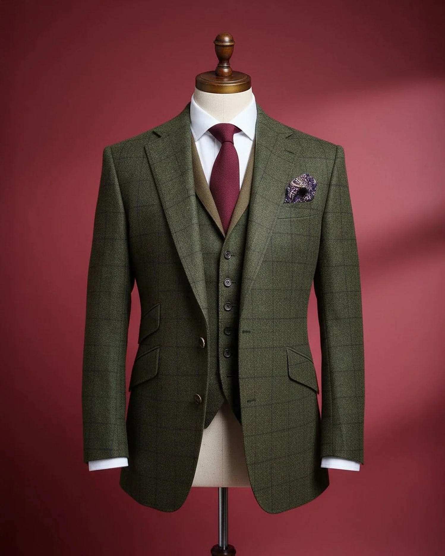 Display of a men’s green plaid suit on a mannequin, including a blazer, vest, dress shirt, and a maroon tie, with a pattern pocket square, against a red background.