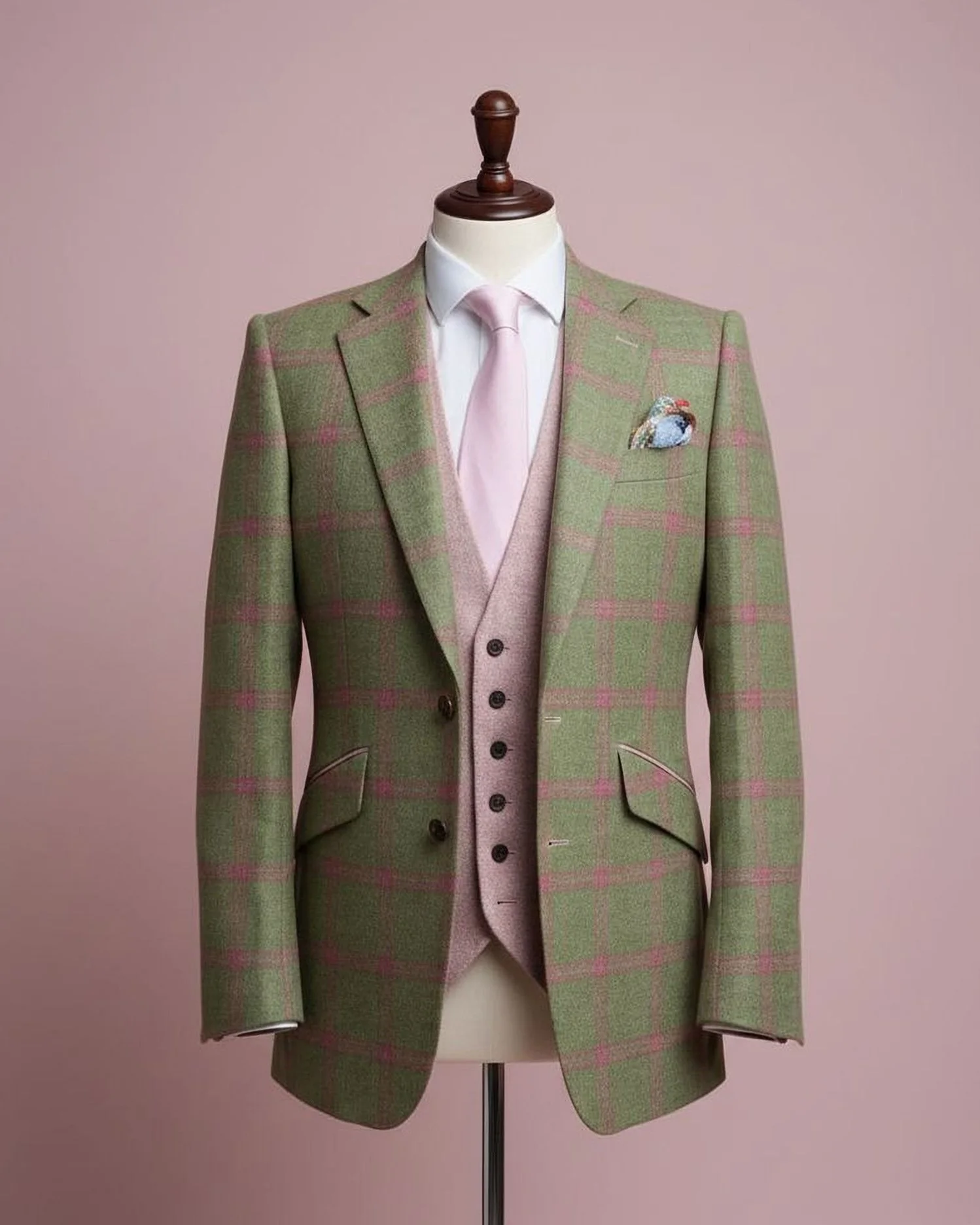 A green, pink, and beige checkered blazer worn over a pink vest, white shirt, and pink tie, displayed on a dress form with a pink background.